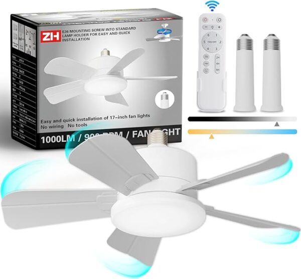 17'' Socket Fan Light with Remote, 2 Socket Extenders, 6-Speed Dimmable Ceiling Fans,1200LM/6500K, Upgrade Button Mute, Reversible Air Circulation, for Bedrooms, Kitchen, Garage