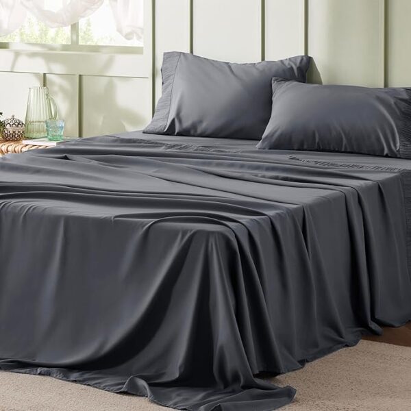 Bedsure King Size Sheets Set - 4 Pieces Soft King Sheets - Breathable & Cooling - Hotel Luxury - Easy Care Polyester Microfiber Bedding for Women, Men, Dark Grey