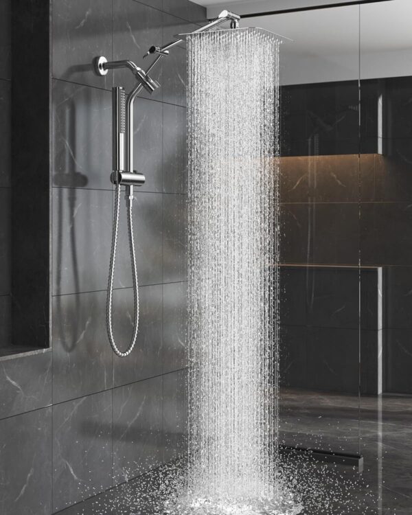 Veken 10" Luxurious All Metal Rain Shower Head with Handheld Spray Combo, High Pressure Rainfall Square Shower Heads with Extention Arm, Wide Dual Showerhead, Bathroom Accessories, Chrome, Silver